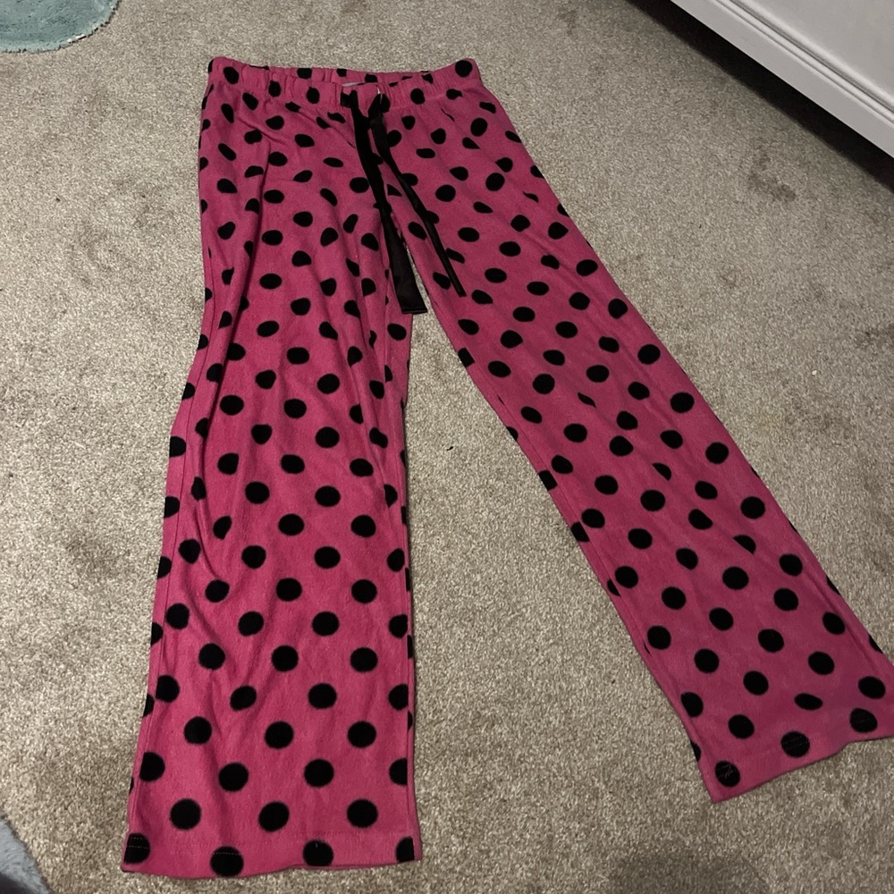 pink and black polka dot pajama pants